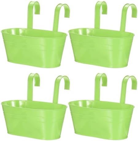 uxcell Rail Planter for Outdoor Plants, 4 Pcs 11" Iron Wall Hanging Planters Fence Railing Balcony Planters with Drainage Holes and Detachable Hooks, Light Green by uxcell
