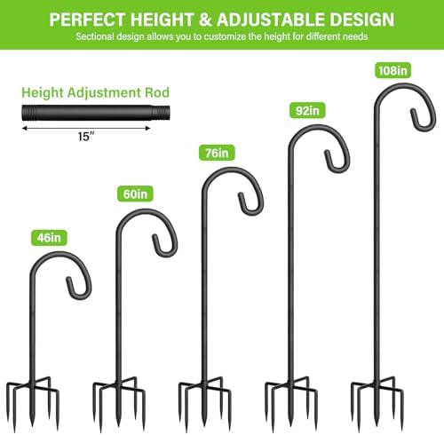 Shepherds Hook for Bird Feeder, 108" Heavy Duty Bird Feeder Pole with 5-Prong Base, Extra Thick Metal Shepherd Hook for Outdoor Hanging Plant Basket, Hummingbird Feeder, Solar Lantern, Black, 2 Pack - Image 2