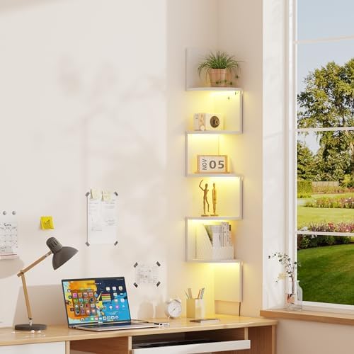 Qupui 5-Tier Corner Shelf with LED, 49" Floating Wall Shelf, White - Image 3