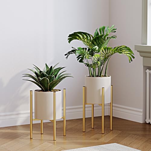 Metal Plant Pot with Adjustable Stand, Mid Century Modern Planter Holder Capacity of 160LB for 8 to 14 Inch, Living Room Garden Bedroom Office Indoor Outdoor Beige & Golden - Image 6