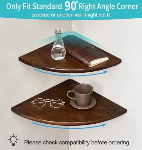 Corner Shelf,12inch Walnut Solid Wood Floating Corner Shelves Wall Mount Round End Floating Speaker Rack with Wire Hole for Small Plant for Bedroom Kitchen - Image 3