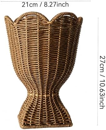 Brown Woven Rattan Urn-Style Planter with Scalloped Rim - Image 7