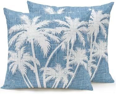 Outdoor Pillows Waterproof Set of 2, Tropical Palm Tree Patio Throw Pillows for Couch Bed Sofa with Insert, Vintage Sky Blue Exotic Botanical Plants Decorative Reading/Camping Pillow Set 18x18 Inch by Unknown