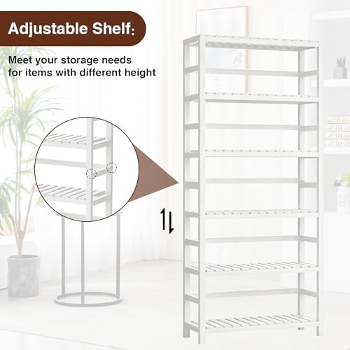 VASMIA 6-Tier Bamboo Shelf,Bamboo Storage Shelving Unit,Tall Bookcase with Adjustable Shelves,Multipurpose Storage Display Shelf for Bathroom, Living Room, Balcony, Kitchen,White - Image 7