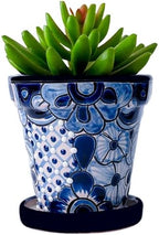 Talavera Planter - Mexican Ceramic Pot with Drainage (White & Blue-Small) by COBAZUL
