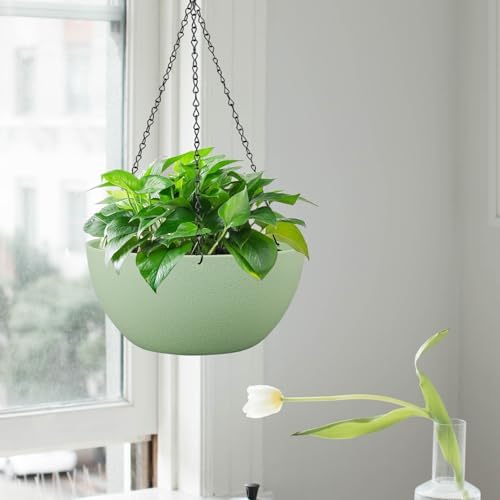 WSMKSZ 13 inch Large Hanging Planters Plant Pots for Outdoor Indoor Plants with Drainage Holes and Chain, 2 Pack Round Hanging Flower Pots for Garden Home Porch Decor, Green - Image 5