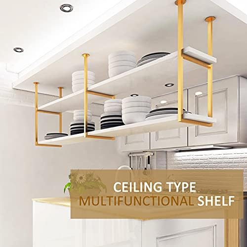 Hanging Ceiling Pot Pan Rack Kitchen Storage Shelving,White Wood Shelf and Gold Metal Iron Frame Wine Holder Flower Stand-60cm/80cm/120cm/150cm Floating Decor Display Racking for B - Image 3
