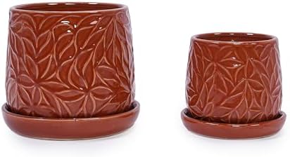 Handmade Ceramic Flower Pot with Leaf Pattern, 6 8 Inch Diameter, Rust Red Color for Orchids, Indoor,Outdoor Use on Windowsills Bookshelves, Breathable Clay with Saucer - Image 4