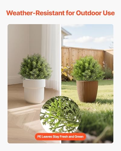 VEVOR Artificial Topiary Cypress Trees with Ground Spike, 16 inch 2 Set Faux Shrubs & Bushes Potted Plants, Fake Silk Tree Look Real for Decor Front Porch Outdoor Indoor Patio Garden Balcony Backyard - Image 3