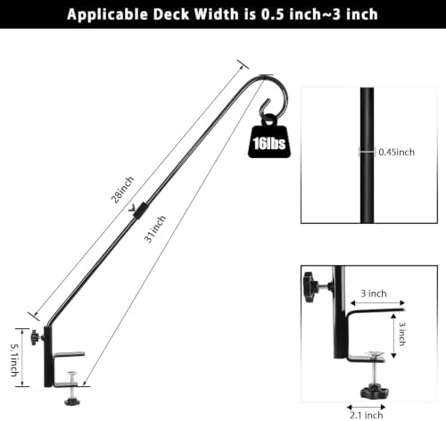 FEED GARDEN 31 Inch Heavy Duty Deck Hook for Railing 2 Pack, Non-Slip Clamp, 360 Degree Swivel, for Hanging Bird Feeders, Plants, Lanterns, Suet Baskets, Wind Chimes, Black - Image 3