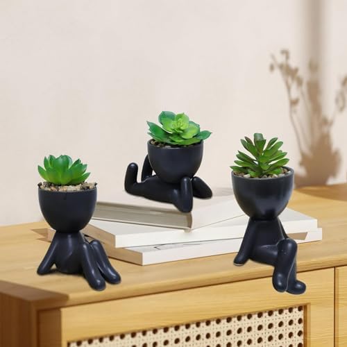 Zerzsy 3 PCS Cute Artificial Succulent Plants with Creative Ceramics Human Shaped Pots, Mini Potted Plants Black Bathroom Fakeplants, Faux Succulent Desk Decor for Home Office Shelf Decor - Image 6