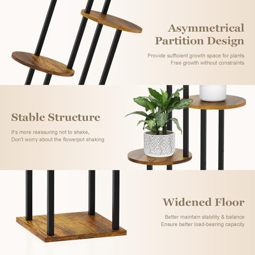 4 Tier Plant Stand Indoor, Metal Wooden Tall Plant Shelf Flower Pot Stand for Multiple Plants, Corner Flower Holder Plant Display Rack for Living Room Balcony Patio Garden (Rustic Brown) - Image 4