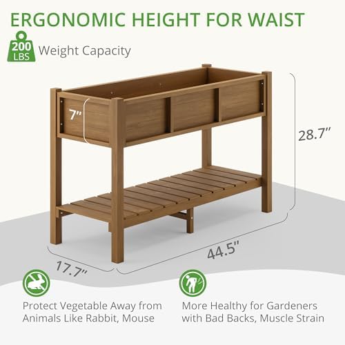 LUE BONA Raised Planter Box with Legs, 45 * 18 * 29 in, Raised Garden Bed with Tools and Storage Shelf, Weather Resistant, 3-Year Warranty, Standing Growing Bed Herb Planter for Vegetable, Brown - Image 3