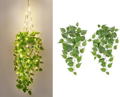 Mkono Bundle of Fake Hanging Plant with Light and 2pcs Artificial Plants for Home Decor Indoor Fake Vines Greenery for Bedroom Wall Living Room Bathroom Kitchen Office Decor, Pothos by Mkono