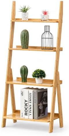 Maydear Bamboo Ladder Shelf Bookcase, 4-Tier Leaning Bookshelf Free Standing Organizer Storage Shelves for Living Room, Bedroom, Kitchen, Home Office, Balcony, Wood Color by Maydear