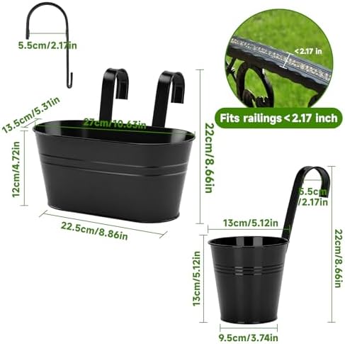 KINGLAKE Flower Pots,10 Pcs Metal Iron Hanging Flower Plant Pot Balcony Garden Plant Planter Baskets Fence Bucket Pots 10.6" & 5.1" Flower Holders with Detachable Hook Black - Image 2