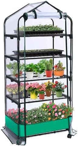 5 Tier Mini Greenhouse with Wheels for Indoor Outdoor, Portable Green House with PVC Cover and Shelves for Seedling, Greenhouse with Waterproof Mat and Cover Tape, Gardening Gifts for Women Men by Unknown