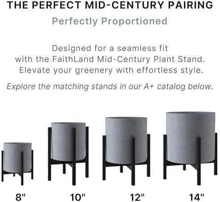 FaithLand 14 Inch Fiberstone Planter - Lightweight Modern Cylinder Plant Pot with Drainage Hole & Plug, Authentic Concrete Look, Gray - Image 6