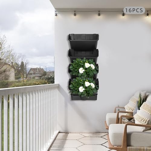 Vertical Wall Planter with 16 Pots, Hanging Garden Plant Flowerpot Holder, Stackable Wall-Mounted Planter, Balcony Planters for Flowers Vegetables Fruits (Black, 16 Pots+4 Drainage Planters&Pipe) - Image 6