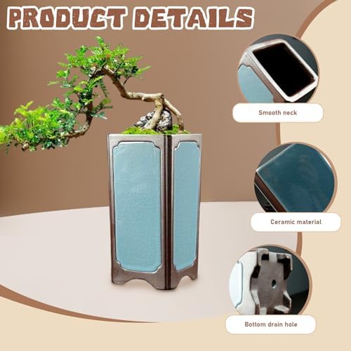 Ceramic Plant Pot 3.5x7.1 Inch Cyan Ceramic Planter with Drainage Hole Retro Chinese Bonsai Pot for Indoor - Image 2