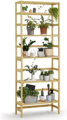 Fencer Wire 6-Tier Bamboo Shelf, Bamboo Open Storage Bookcase with Adjustable Layer, Freestanding Plant Display Stand, Multifunctional Storage Rack Stand for Bathroom, Bedroom, Kitchen, Natural by Fencer+Wire