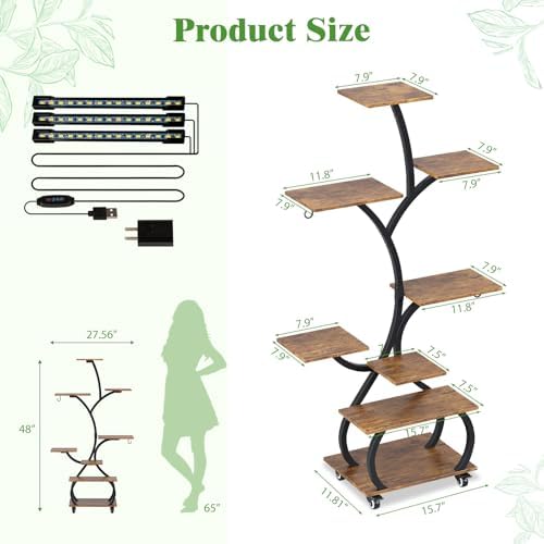 VINGLI 48" Rolling Plant Stand with Grow Lights, 8-Tier, Black & Brown - Image 4