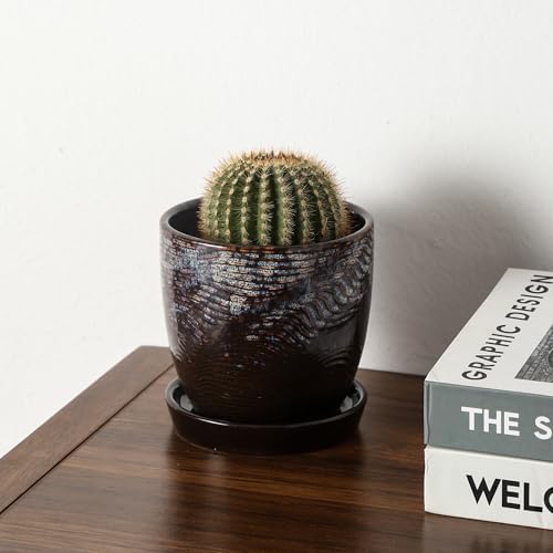 Succulent Pots, 4 Inch Small Indoor Ceramic Planter Pot with Drainage Holes and Saucers for Plants- Reactive Glaze Spot - Set of 4 - Image 3