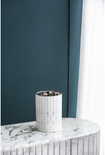 Ceramic Planter for Garden, Modern Geometric Pattern Finish, Accent Round Home Tabletop Decor for Patio, Balcony, Bedroom, Silver+White, 6.3" x 8.7" - Image 2