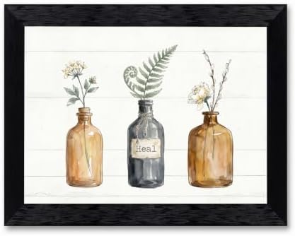 Framed Canvas Wall Art Vintage Apothecary Bottles Wildflowers Amber Sage and Charcoal Canvas Print Poster Black Frame Wall Decor for Kitchen Bathroom Minimalist Art, Nature Print - Inch 24x36 by Unknown