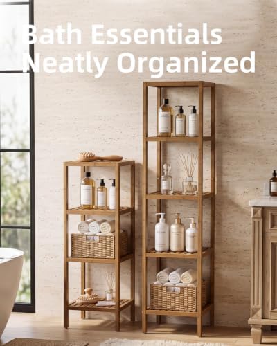 SMIBUY Bathroom Storage Shelf, 5-Tier Bamboo Rack Organizer, Multifunctional Shelving Unit for Living Room Bedroom Kitchen (Walnut) - Image 6