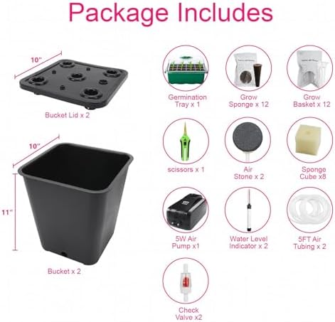 DWC 2 Hydroponic Buckets Kit for Plants, Hydroponics Growing System for Herbs/Tomato/Vegetables, DWC System with Air Pump & Germination Tray (Complete Indoor Hydroponic Gardening Supplies) (Black) - Image 2