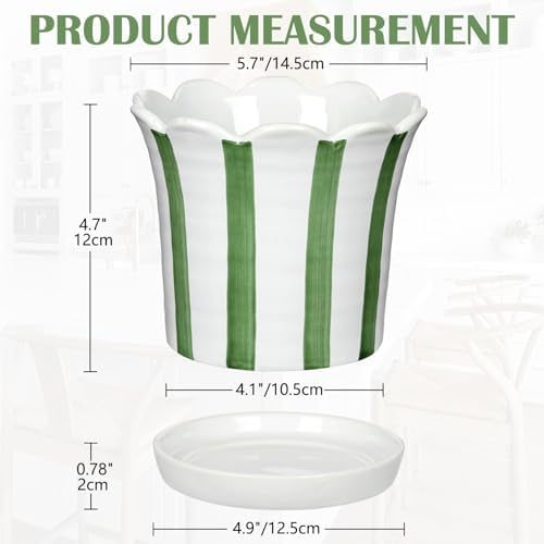 Set of 2 Flower Planter, 5.8 inch Ceramic Plant Pots with Drainage Hole and Sauser, Stripe Ceramic Planters with Wavy Opening for Indoor Outdoor Home Gardening Desktop Windowsill - Image 3