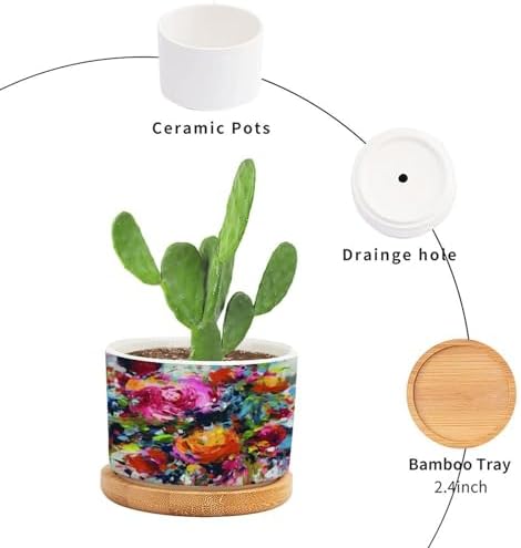 Bright Floral Pink Rose Dorm Planter Ceramic Blooms Flower Painting Round Plant Pots with Drainage Holes and Bamboo Tray Pot for Succulents Cactus Garden Windowsill - Image 3