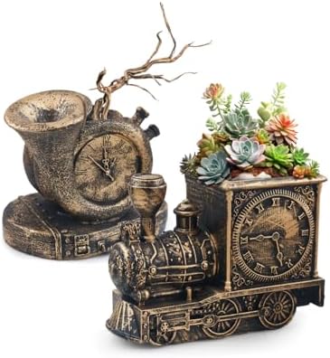 Retro-Style Succulent Pots with Drainage, Indoor/Outdoor Planter, Nostalgic Cactus/Bonsai Garden Pots for Home Decoration and Office Desk Decoration, Vintage Artwork (2 piece set) (bronze-colored) by EnjoylifeChangelife