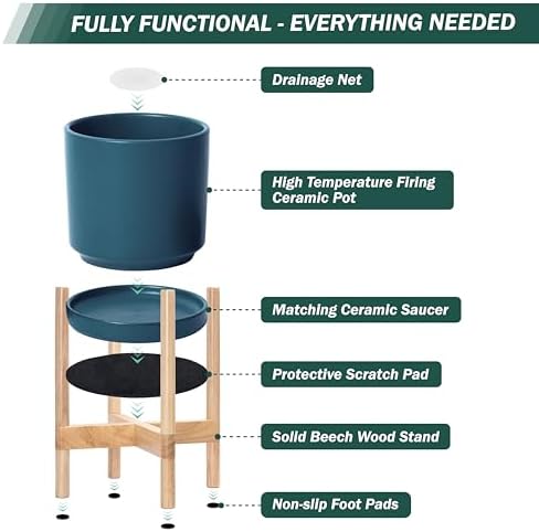 D'vine Dev Ceramic Pot with Natural Wood Stand, Teal, 14 in, 55-B-R-4 - Image 5