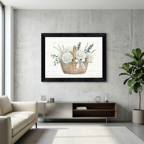 Framed Canvas Wall Art Watercolor Floral Wicker Basket White Hydrangeas Canvas Print Poster Black Frame Wall Decor for Living Room Bedroom Pussy Willow, Grace Decor - Inch 16x20 - Image 7