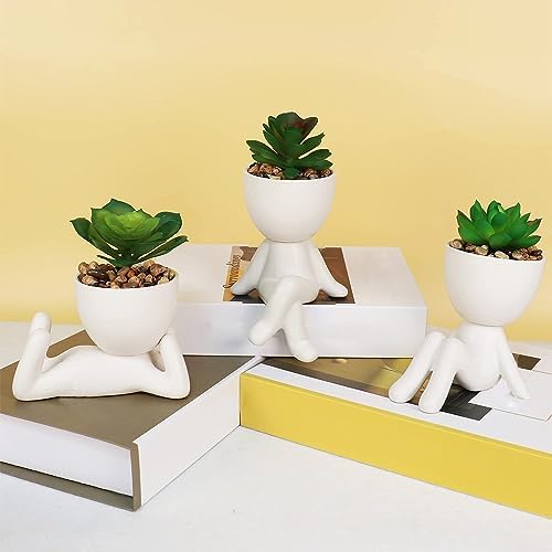 Zerzsy 3 Pack Artificial Succulent Plants for Office Desk, Fake Plants with Ceramics Human Shaped Pots, Small Cute Fake Succulents Pots for Bedroom/Room/Cubicle/Bookshelf Decor (Ceramic White) - Image 6