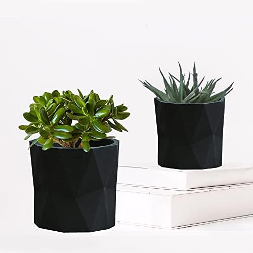 Olly & Rose Designer Geometric Ceramic Black Plant Pot Succulent Pots Cactus Planters Set 2 Indoor Outdoor Small Flower Pot Set Charcoal - Image 4