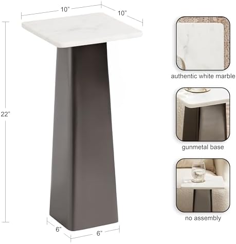 Kate and Laurel Quinley Modern Square Marble Drink Table, 10 x 10 x 22, White Marble and Gray Gunmetal, Contemporary Marble Pedestal Table for Use as Living Room Plant Stand or Bedroom Mini Table - Image 3