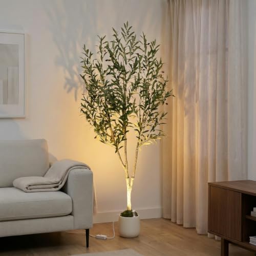 6ft Artificial Olive Tree with LED Light & White Pot - Fake Indoor Plant by BOUNTIFULBOUGHS