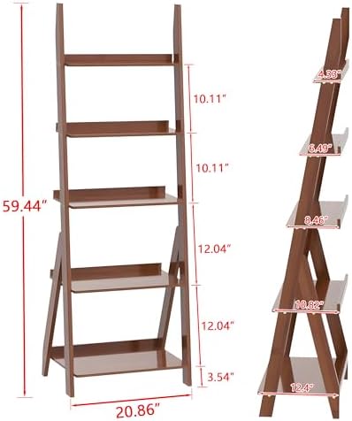 DOUSY-5-Tier Ladder Shelf Bookcase, Bamboo Ladder Bookshelf Leaning Book Shelf, Freestanding Storage Shelf Boho for Living Room, Home Office, Bedroom, Balcony, Dark Walnut - Image 3