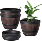 VECELO Plant Pots with Drainage Holes & Saucer, 9 Inch Flower Pots with Tray, 3 Pack Plastic Whiskey Barrel Planters for Indoor & Outdoor Garden Home Plants and Flowers by VECELO