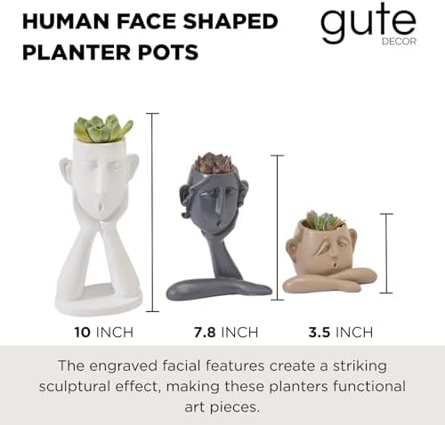 GUTE Human Face Shaped Succulent & Flower Planter Pots - Set of 3- Figurines for Garden - Indoor Outdoor Decorative Garden Figurines, Drainage Holes for Plants Artistic - White, Khaki, Grey - Image 2