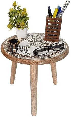 VANIYA CRAFTS® Wooden Engraved Fold-able Side Table/End Table/Plant Stand/Stool for Living Room Bedroom Restaurant Kids Play Furniture Table Round Shape (Natural White 3) by VANIYACRAFTS