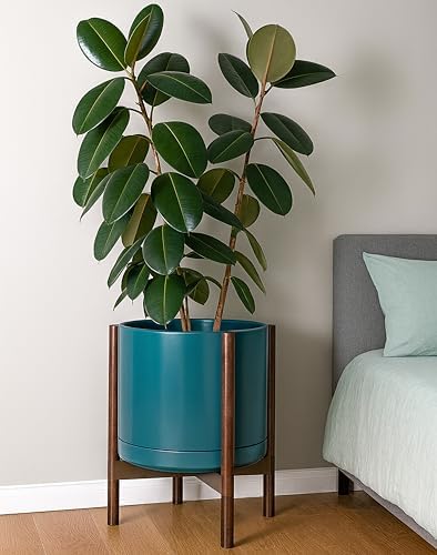 D'vine Dev Ceramic Pot with Walnut Wood Stand, Teal, 14 in, 55-B-T-4 - Image 6