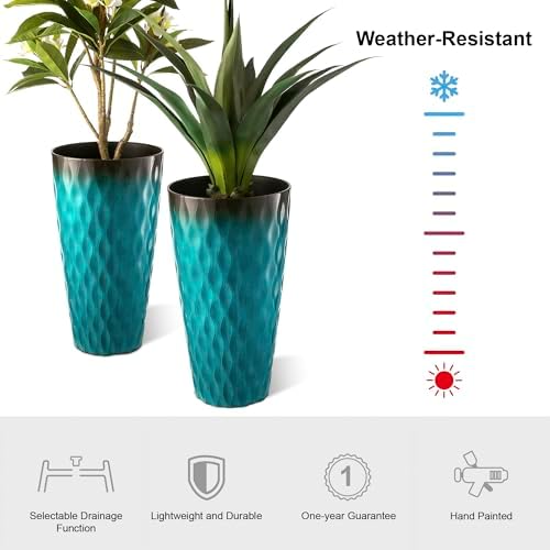 Glitzhome 23.75" H Oversized Tall Planter, Set of 2 Wavy Texture Turquoise Large Planters for Outdoor Plants, with Drainage Hole, Plastic Large Flower Pots for Porch,Garden, Patio or Indoor Use - Image 3