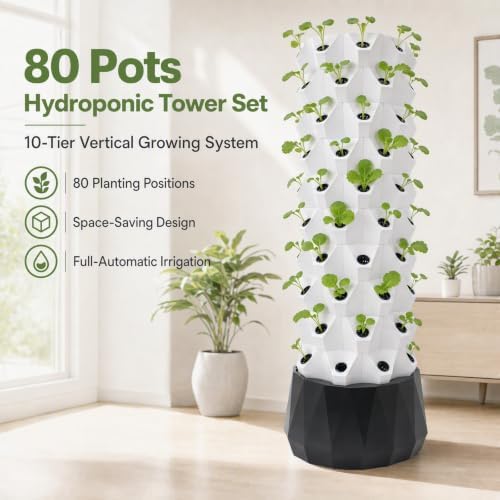 80 Planting Holes10-Tier Hydroponic Grow Tower Kit PP Hydroponic Gardening Tower System Vertical Indoor Garden Kit 7.93 Gallons Water Tank for Home Garden Lettuce Strawberry (7.93 Gallons Water Tank) - Image 7