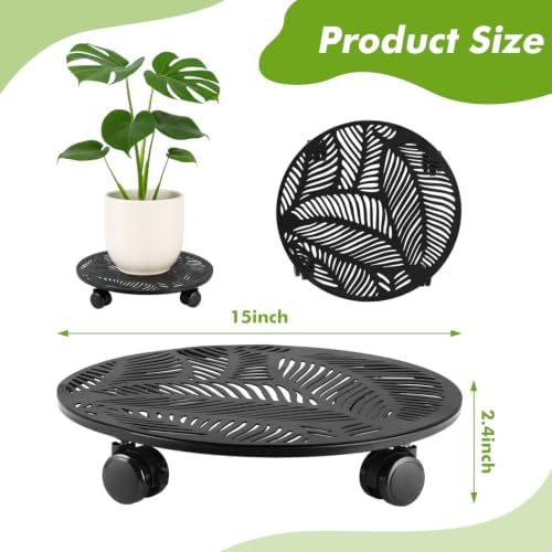 Planterhoma 1 Pack 15 Inch Large Metal Plant Caddy with Wheels Heavy-Duty Rolling Plant Stand with Casters Flower Pot Mover Roller Base Flower Pot Dolly Coaster Trolley, Tropical Leaf - Image 3