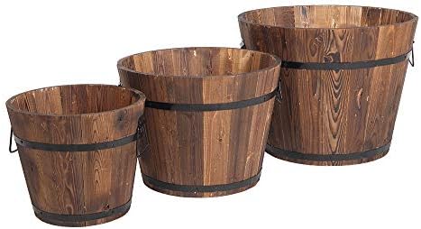 Wooden Whiskey Barrel Planters,Wooden Pot Set,3 PCS Large Wooden Planter Barrel Set, 11.5"(Dia)- 18"(Dia) Real Wood Indoor/Outdoor Flower Pot w/Drainage Holes, Different Sizes, Large Garden Container - Image 2