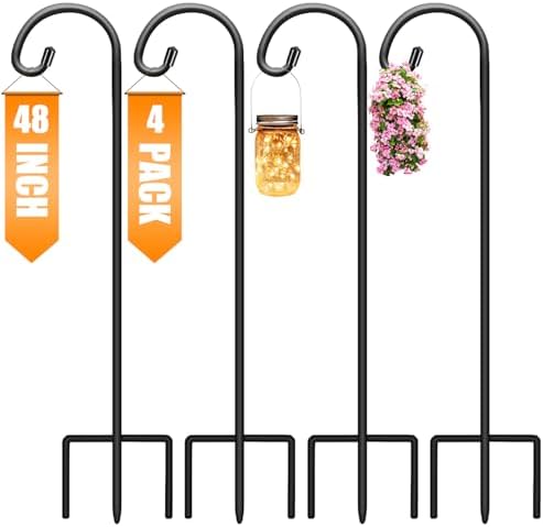 Gtongoko 48 Inch Shepherd Hooks for Outdoor 4 Pack, Adjustable Garden Hooks for Hanging Plants, Lanterns, Solar Lights, Mason Jars & Wedding Decor, Matte Black Decorative Shepherd’s Hooks by Gtongoko